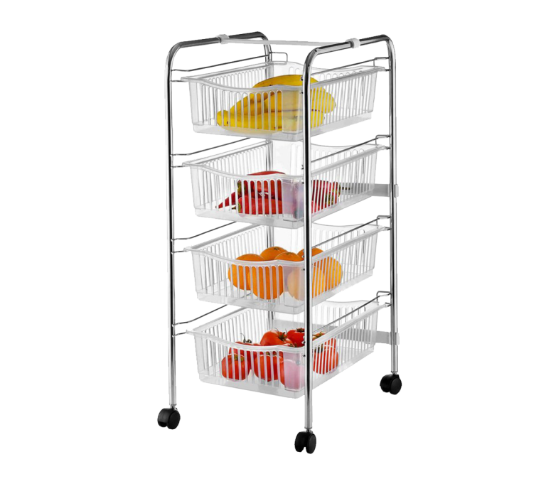 Cos din inox pe rotile pentru fructe cu 4 sertare